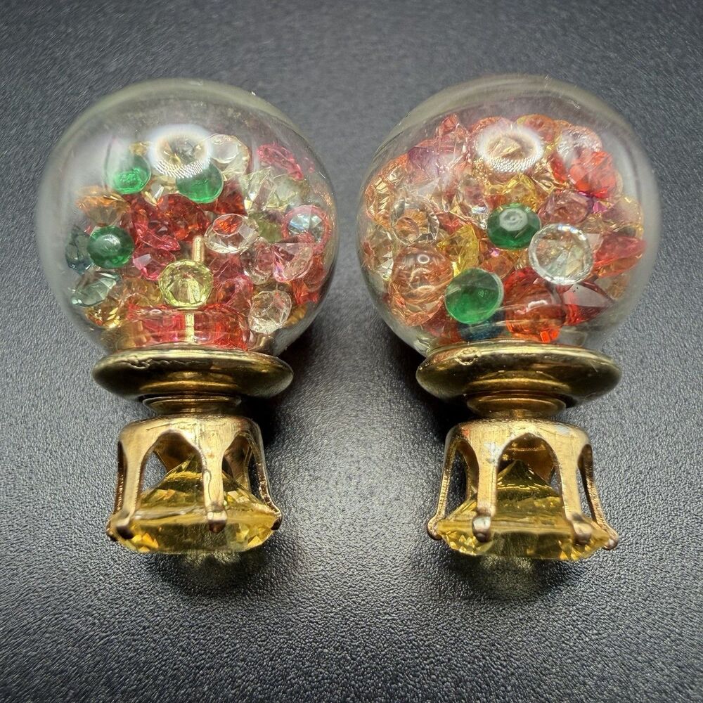 Double Sided Front Back Stud Earrings Yellow Rhinestone Glass Confetti Crystal